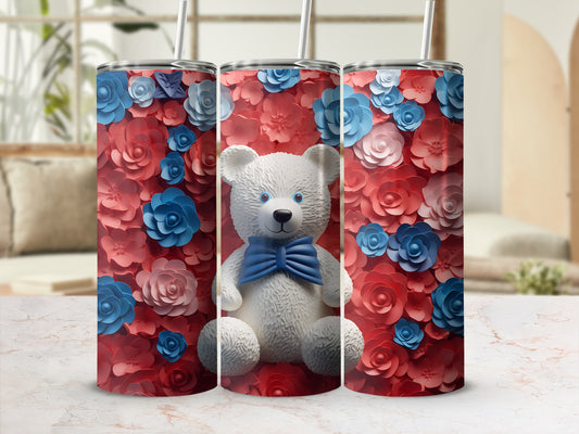 Three tumblers featuring a teddy bear with a blue bow on a floral background.