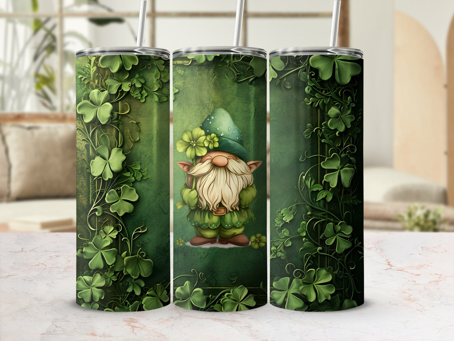 Green gnome with shamrocks and flowers on a tall tumbler.