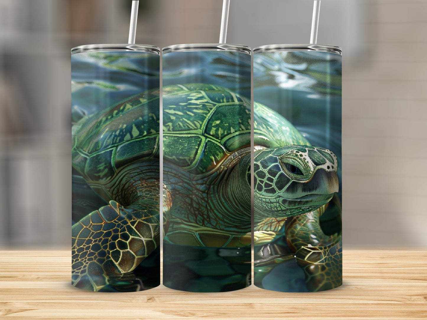 Three tumblers featuring a close-up of a green sea turtle swimming underwater.