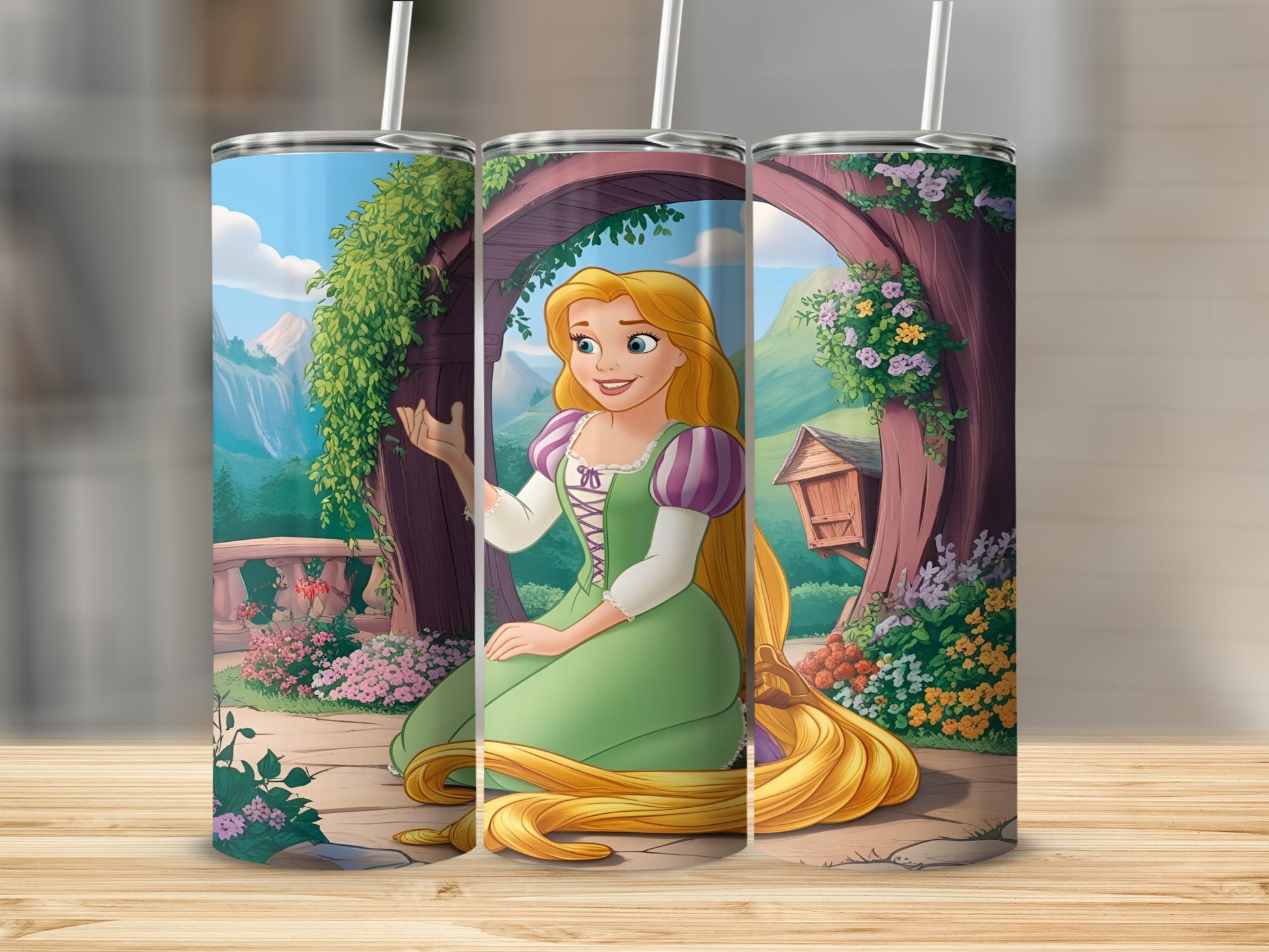 Rapunzel in a green dress with long blonde hair sits in a garden.