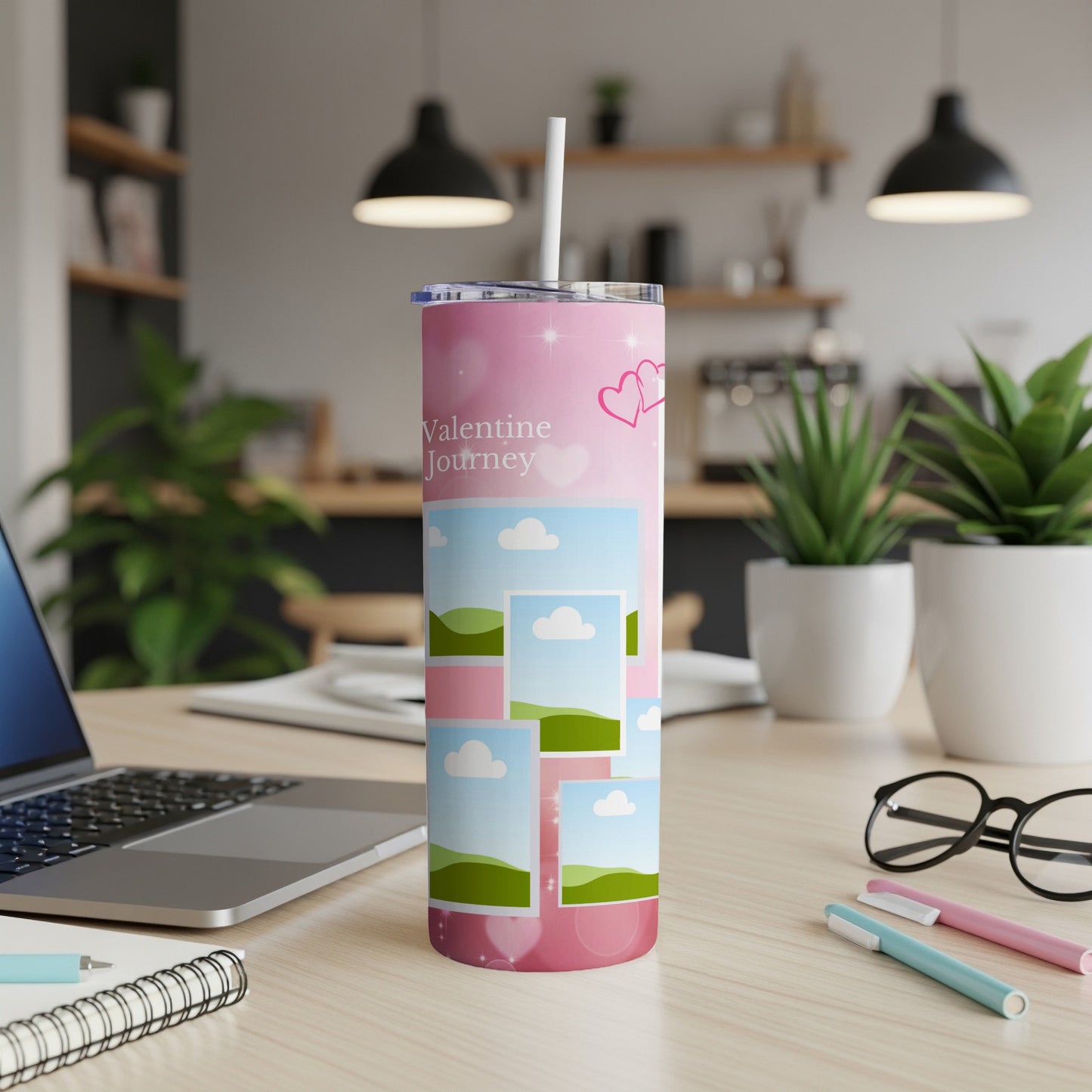 Pink tumbler with "Valentine Journey" text, hearts, and photo frames.