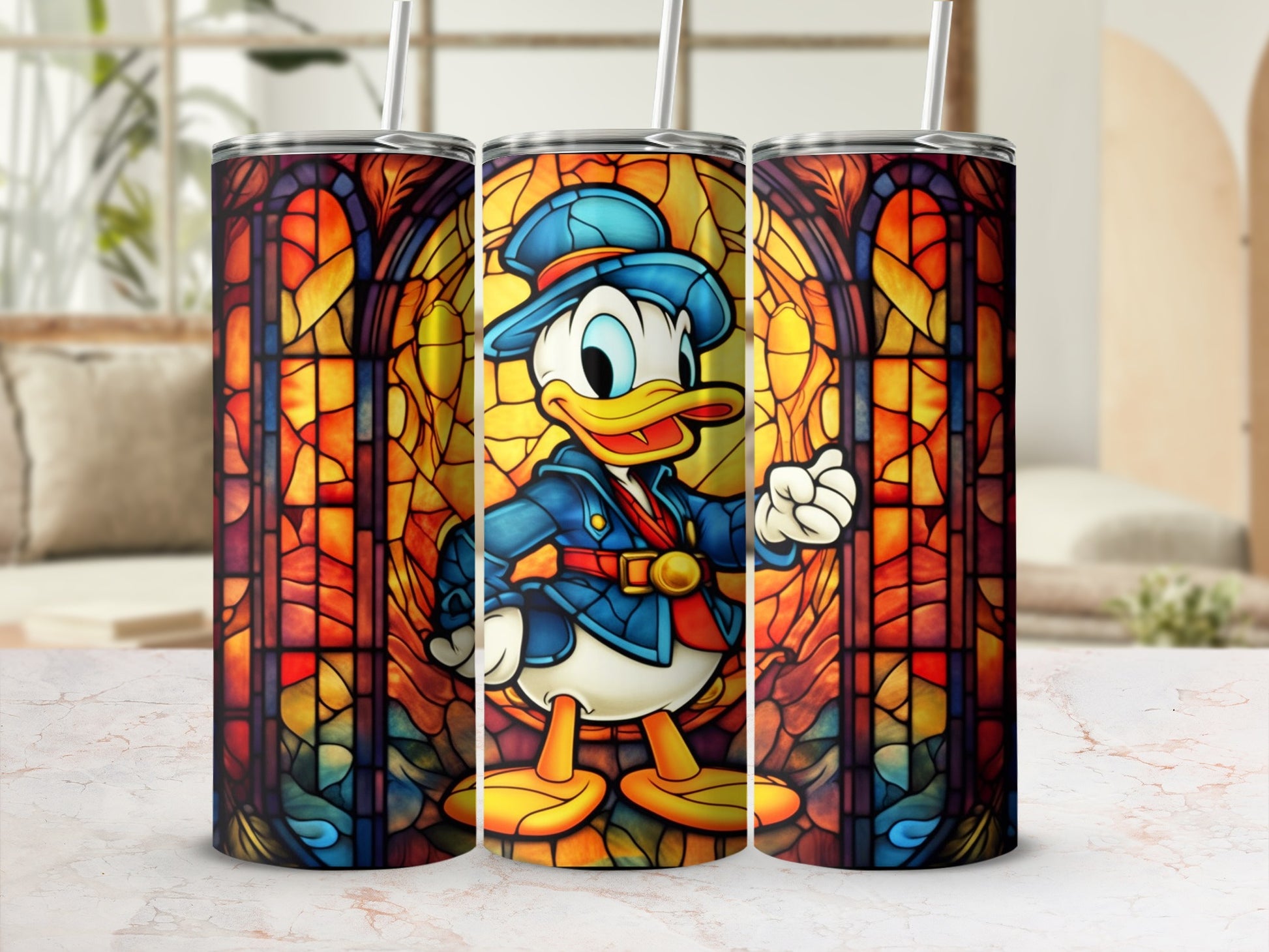 Vibrant Stained Glass Donald Duck Stainless Tumblers