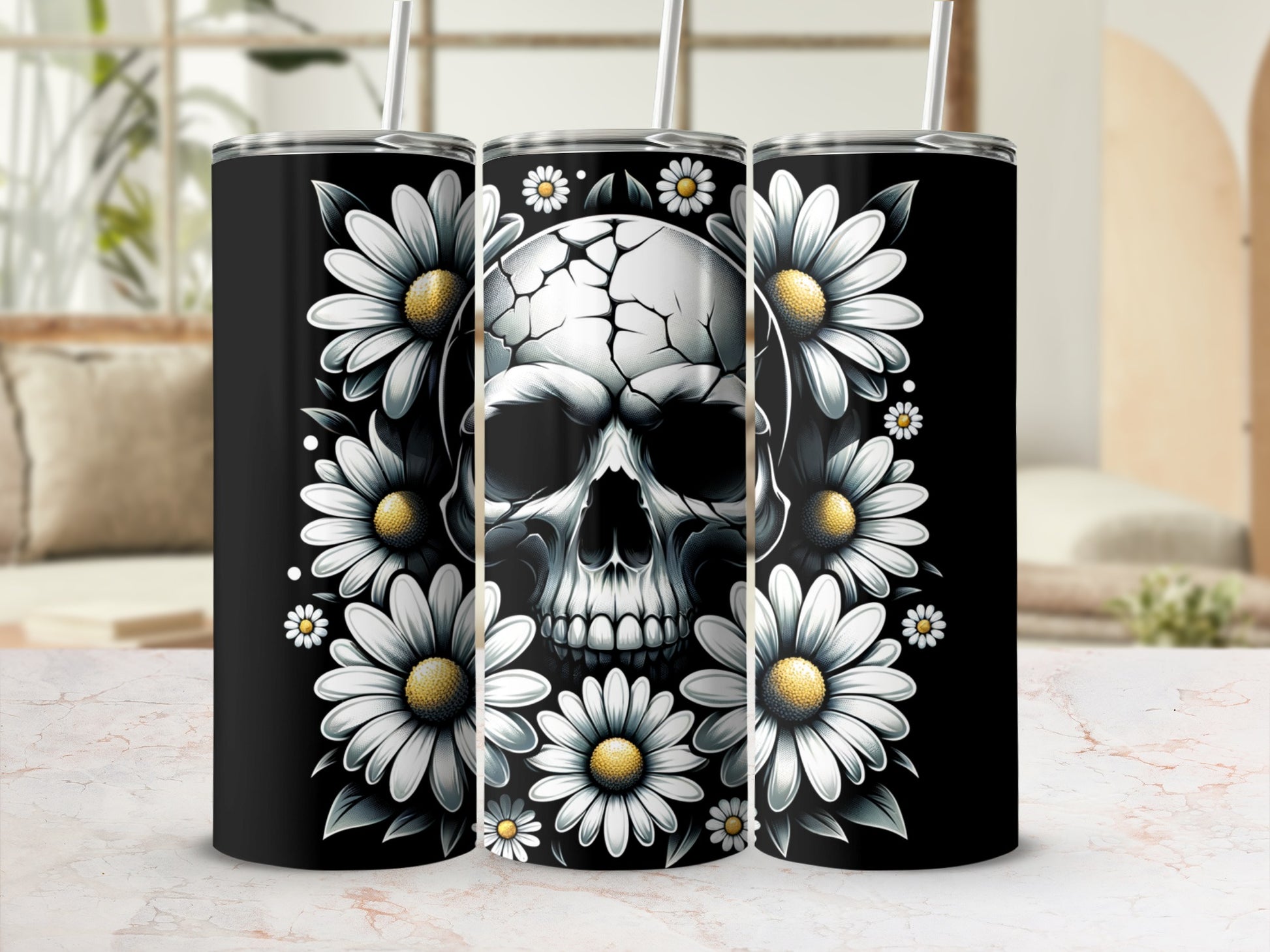 Black tumbler with skull and daisies design.