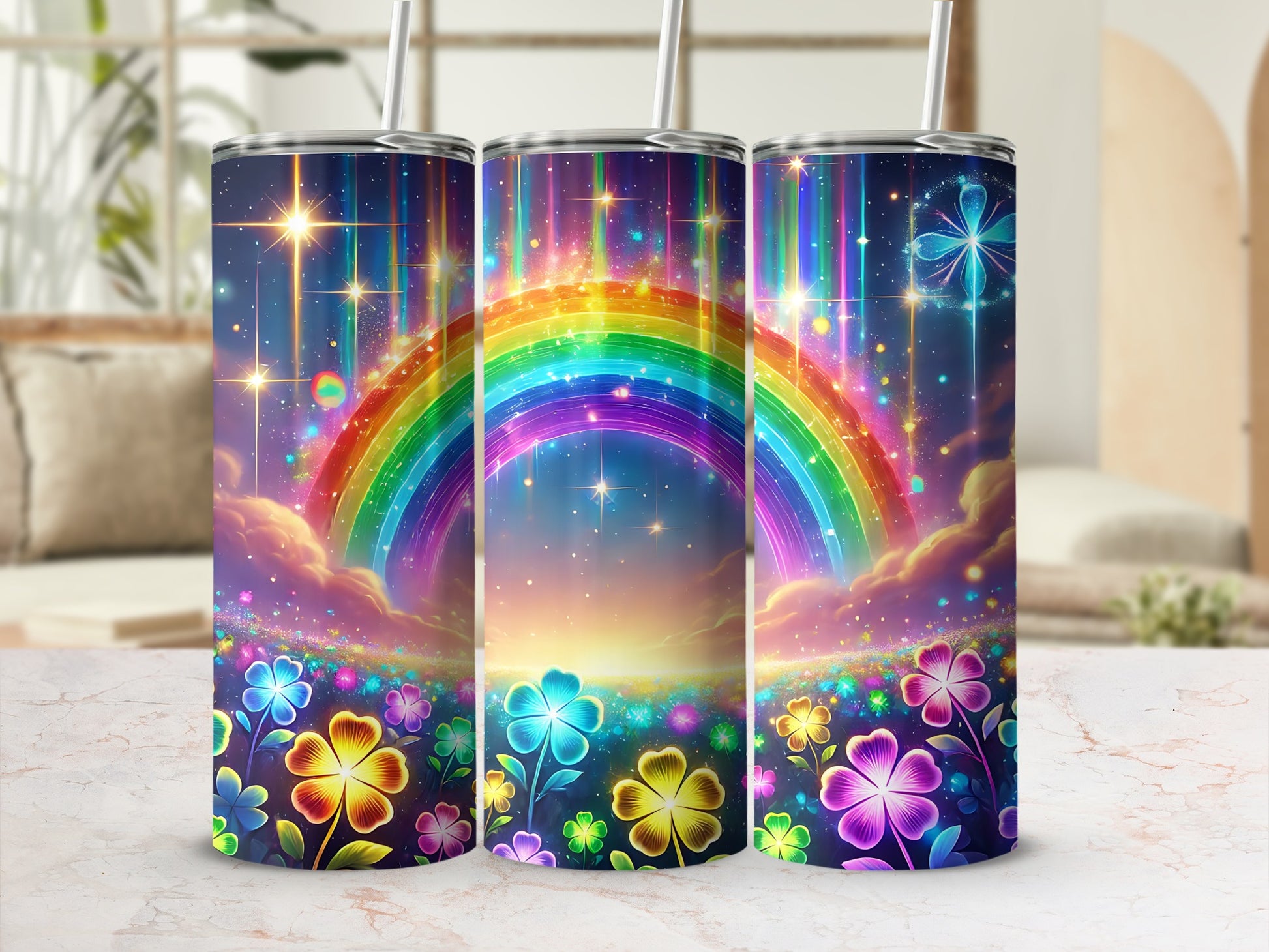 Tumbler with a colorful rainbow and floral designs against a starry night sky.