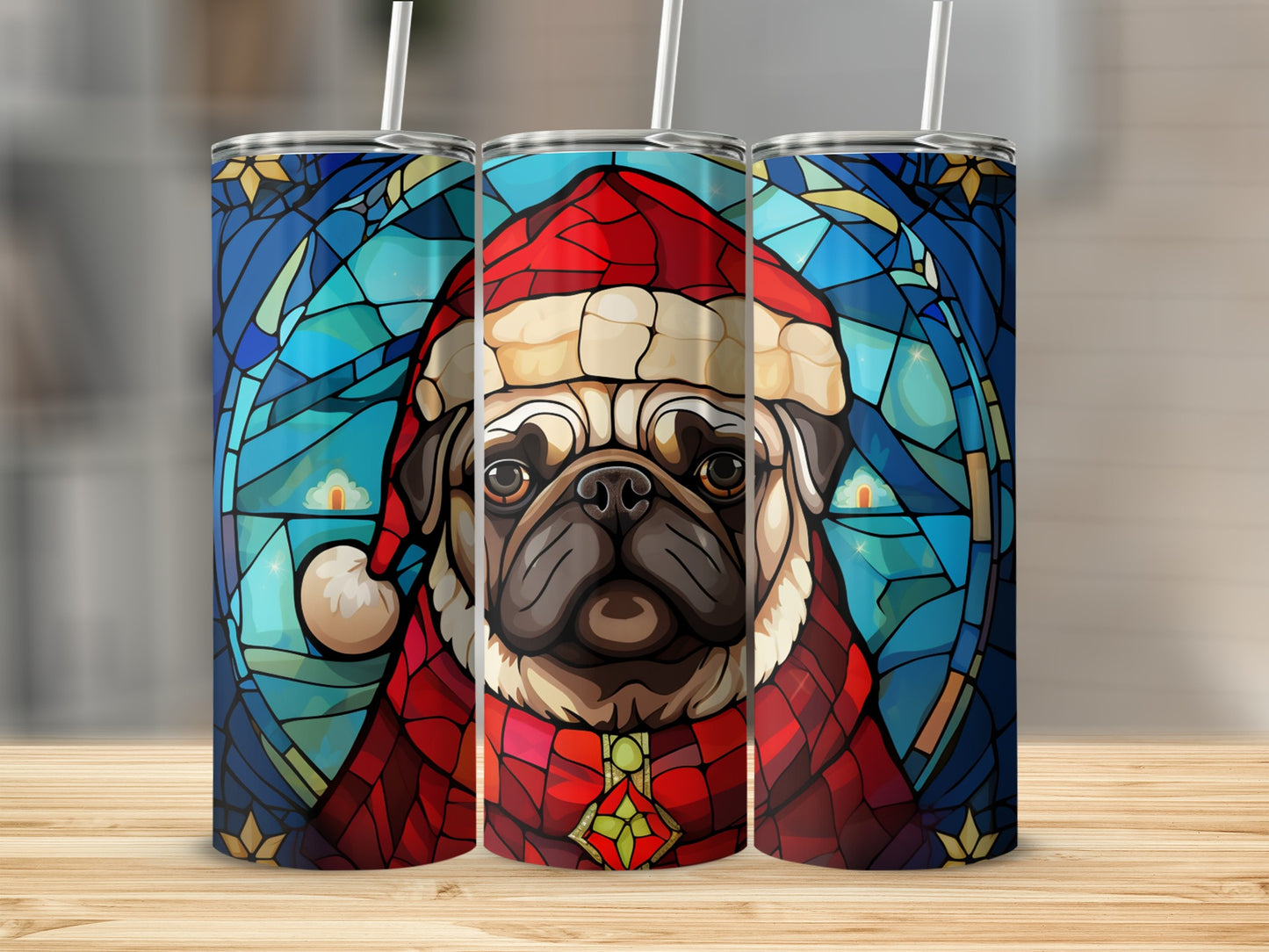 Three stained-glass style tumblers featuring a pug in a Santa hat.