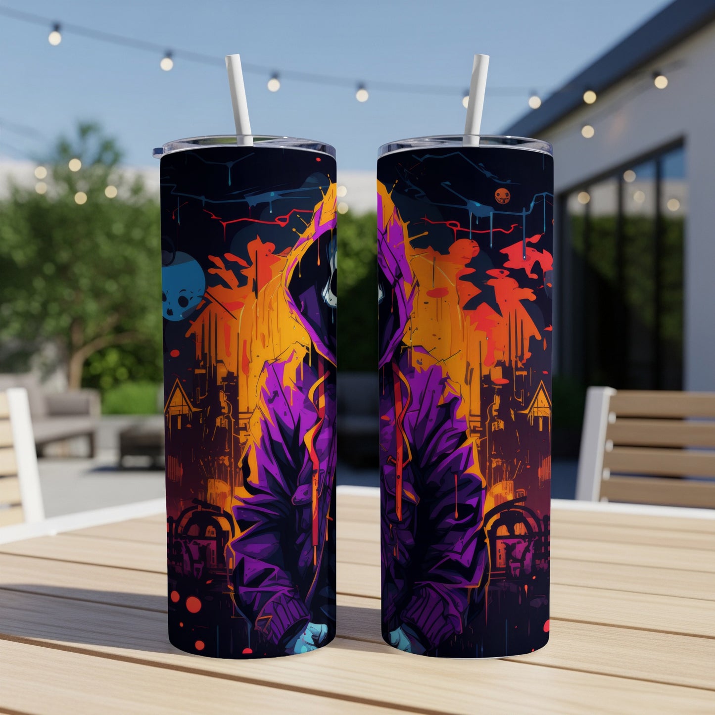 Two tumblers with a cyberpunk street art design featuring a hooded figure.