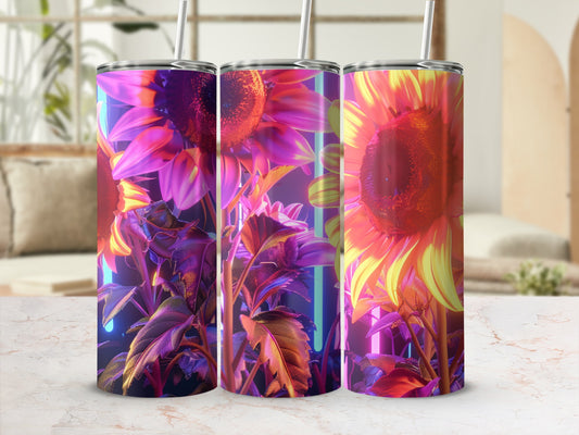Three tumblers with a vibrant sunflower design, illuminated by neon light.