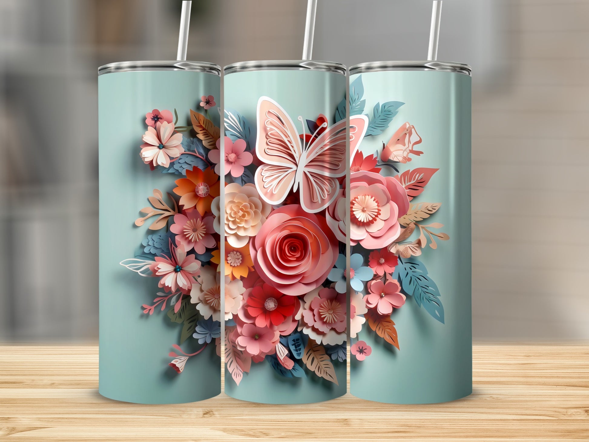 Butterfly and Floral Pattern Tumbler with Straw