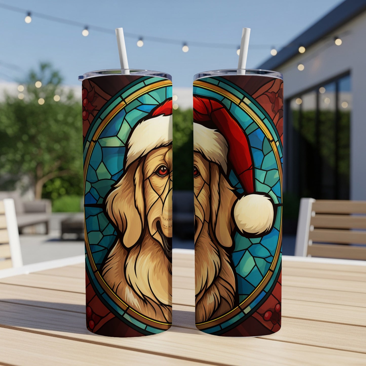 Golden Retriever wearing Santa hat on stained glass design, presented on a tumbler.
