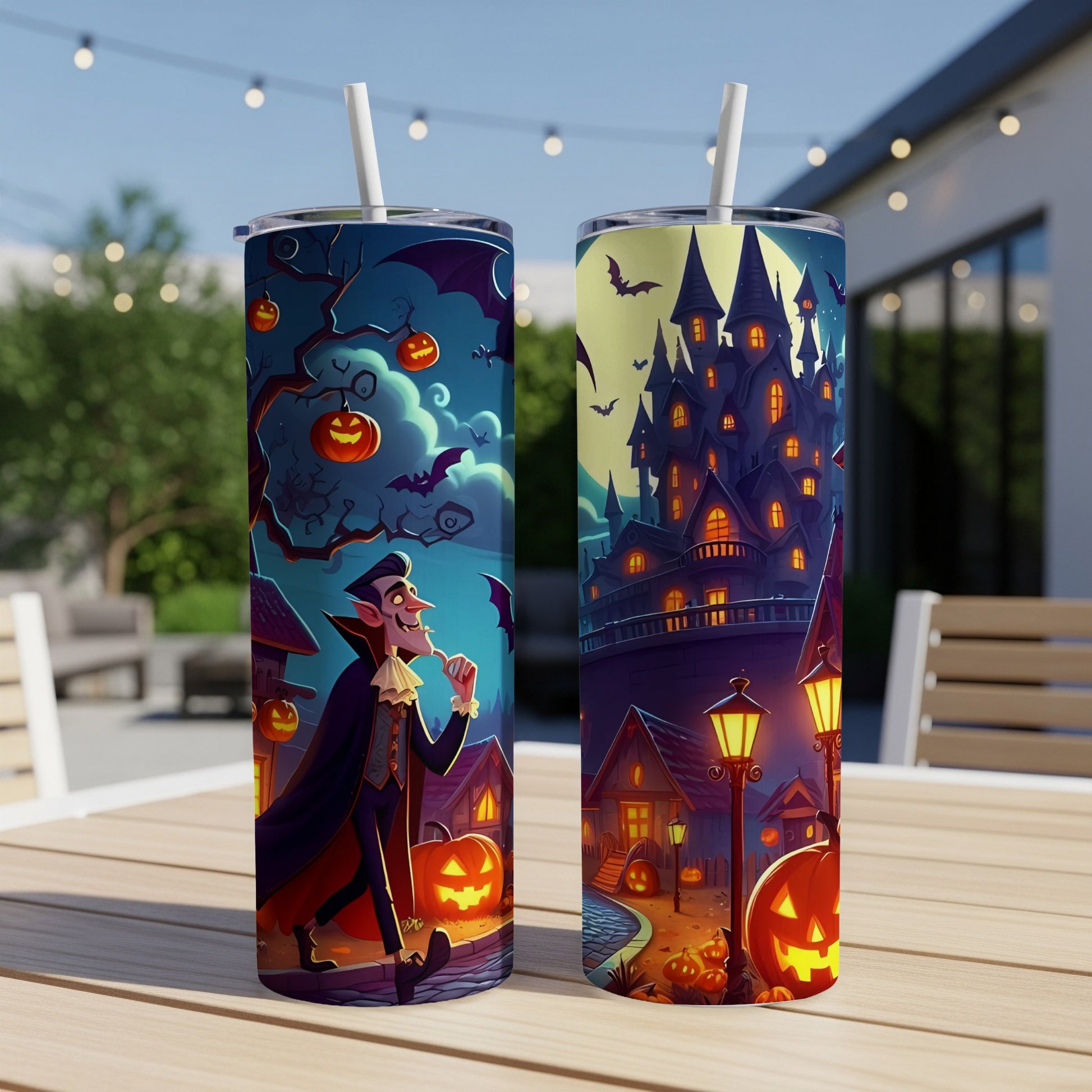 Two tumblers with Halloween designs: vampire and spooky castle.