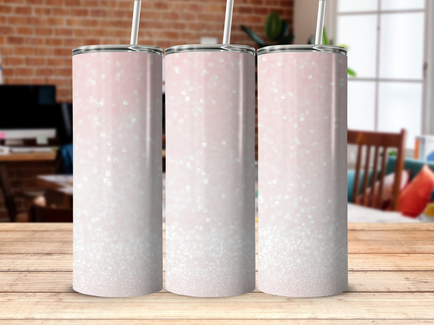 Pink Sparkle Gradient Skinny Tumbler with Lid and Straw