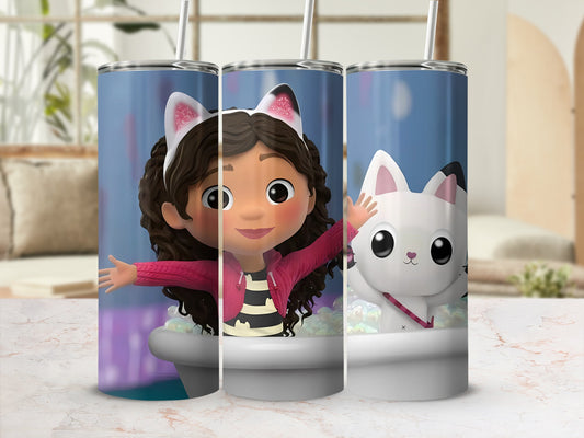 Cartoon Girl and Cat Design Tall Tumbler For Kids