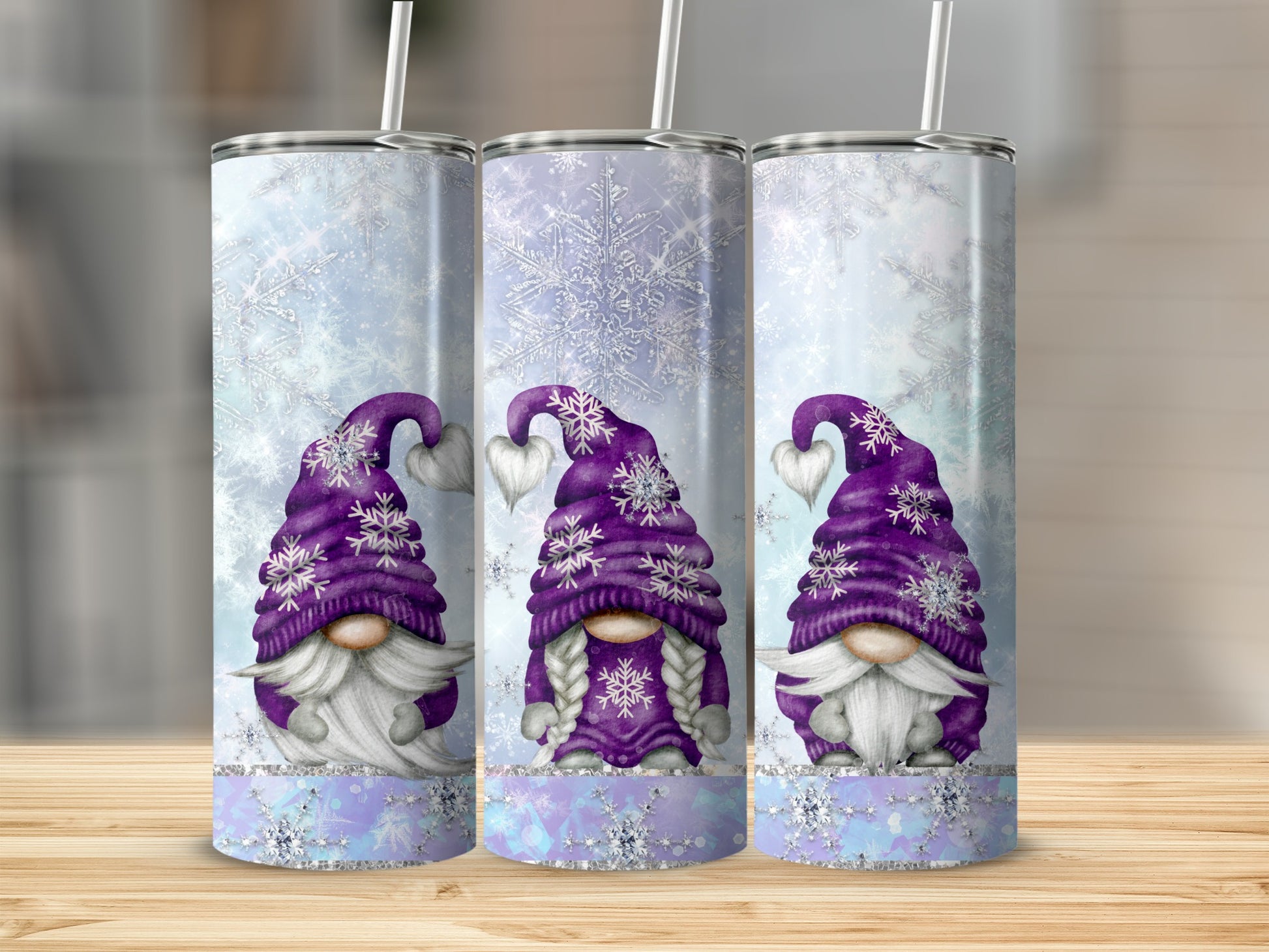 Three purple gnomes with snowflake hats and braids on a winter background.