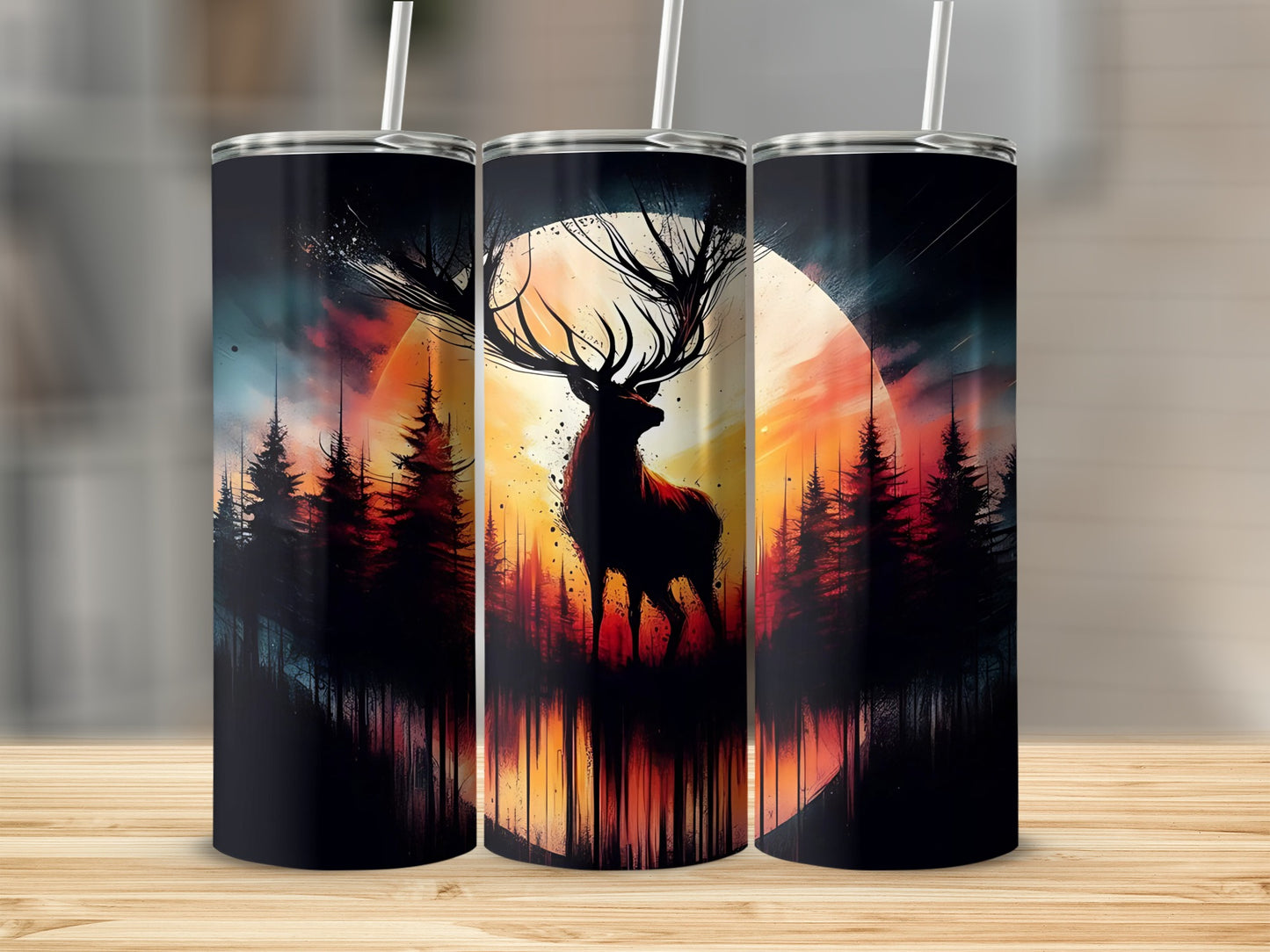 Sunset Forest Deer Design Tumbler with Straw