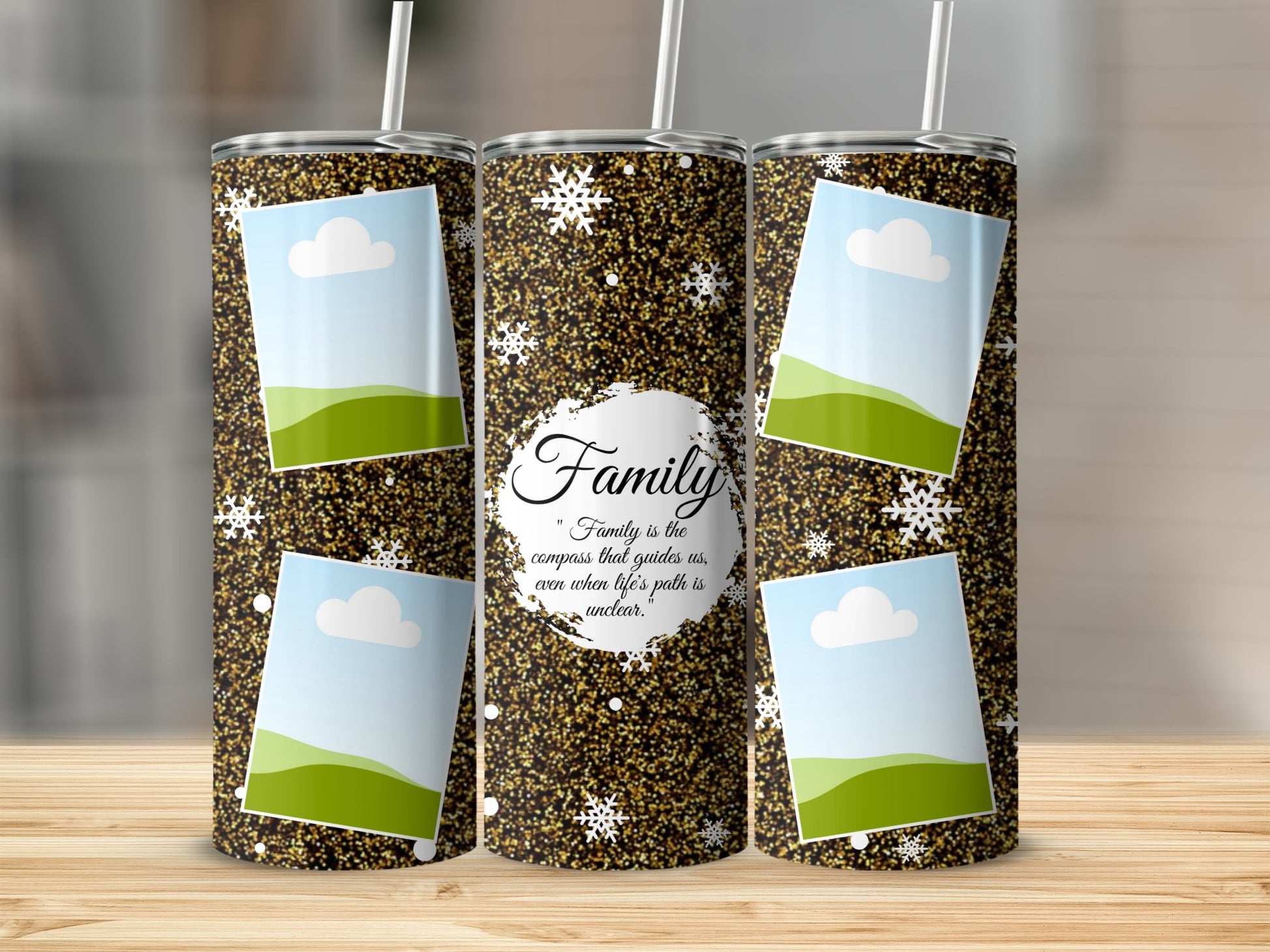 Gold glitter tumbler with "Family" quote, snowflakes, and landscape photo placeholders.