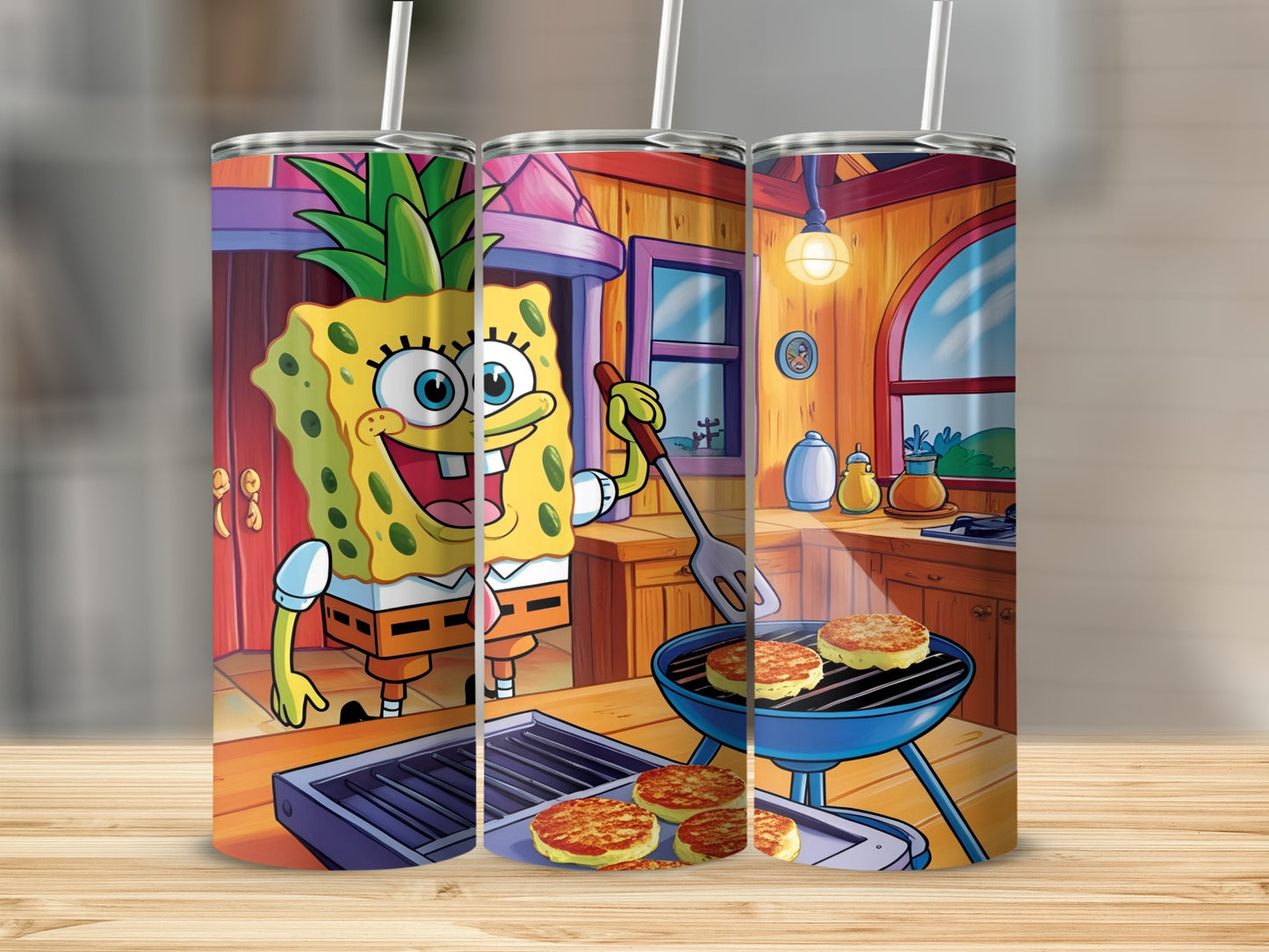 Spongebob Squarepants grilling Krabby Patties in his kitchen.