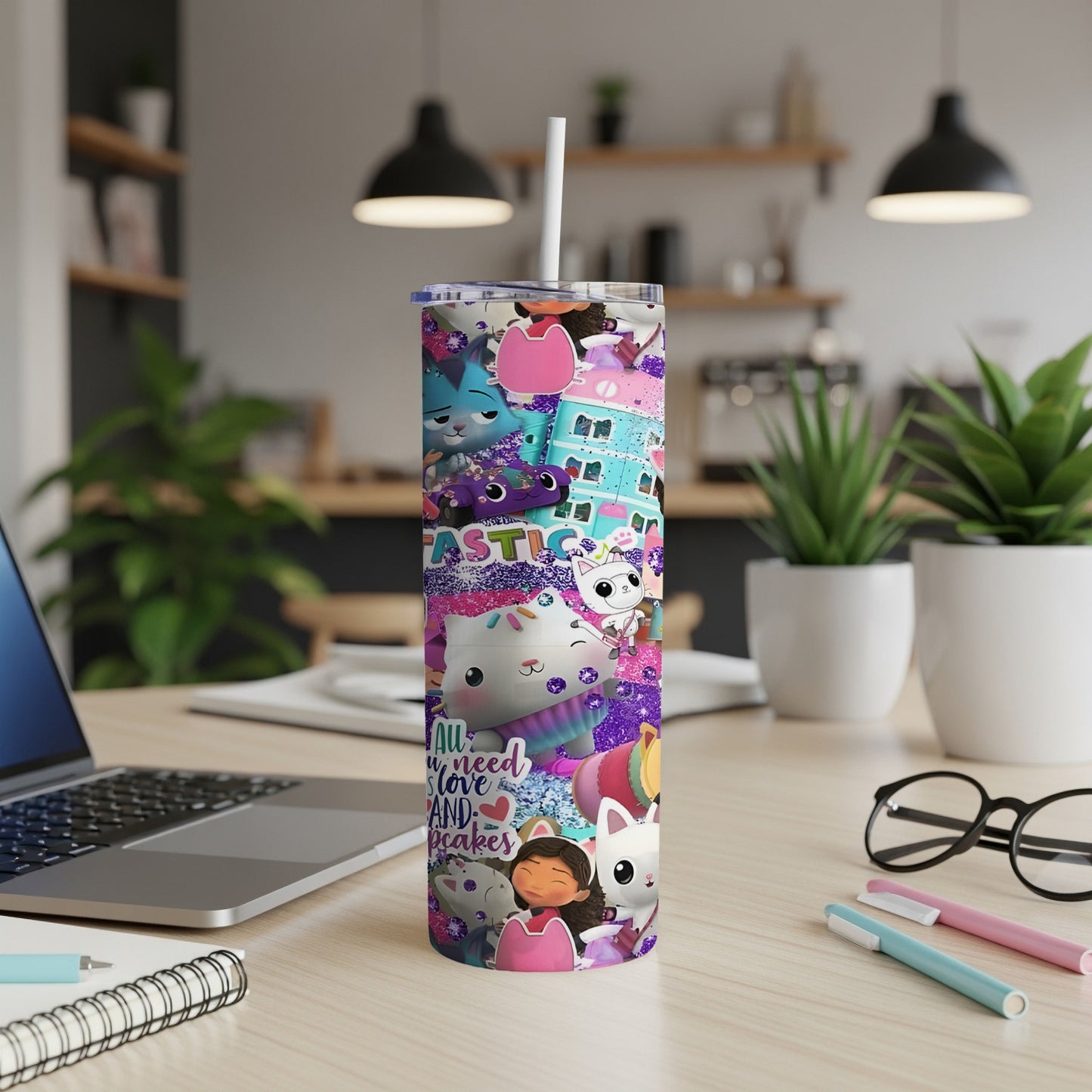 Tall tumbler with Gabbi's Dollhouse characters and colorful pattern.