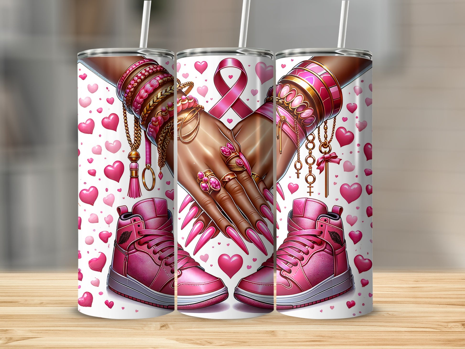 Pink sneakers and hands adorned with jewelry and pink ribbon against heart background.