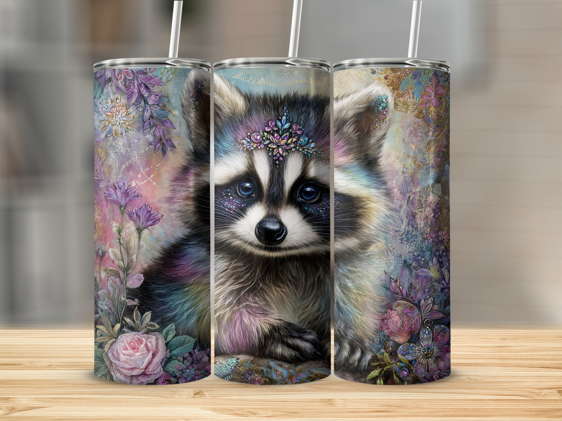 Colorful Raccoon With Floral Design Tumbler