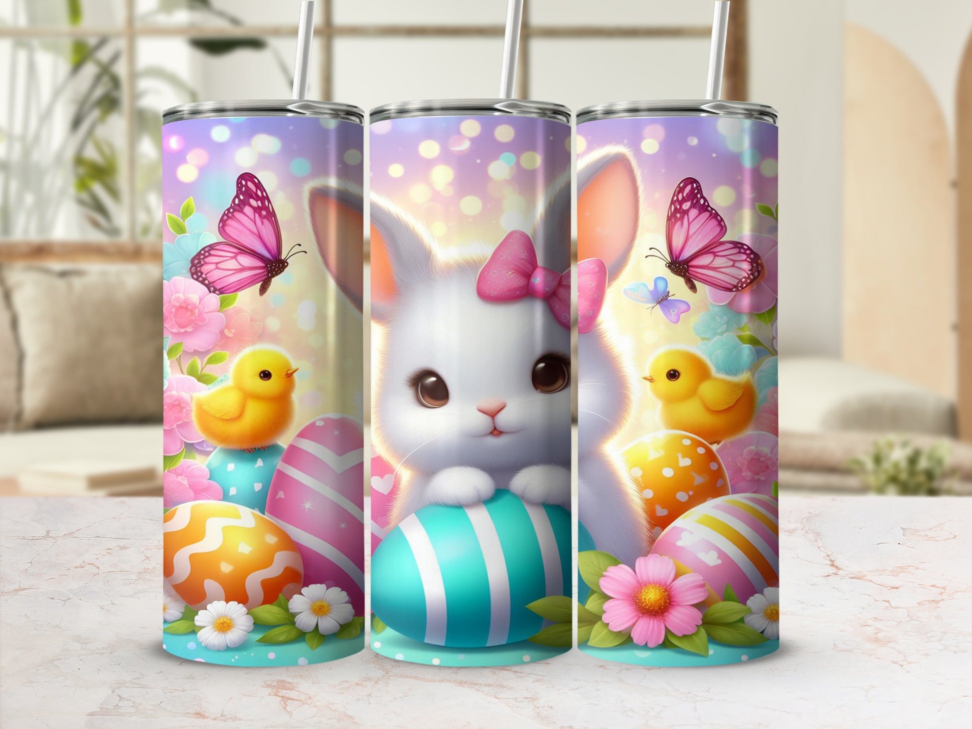 Easter bunny, chicks, butterflies, and decorated eggs on a pink, purple, and blue gradient background.