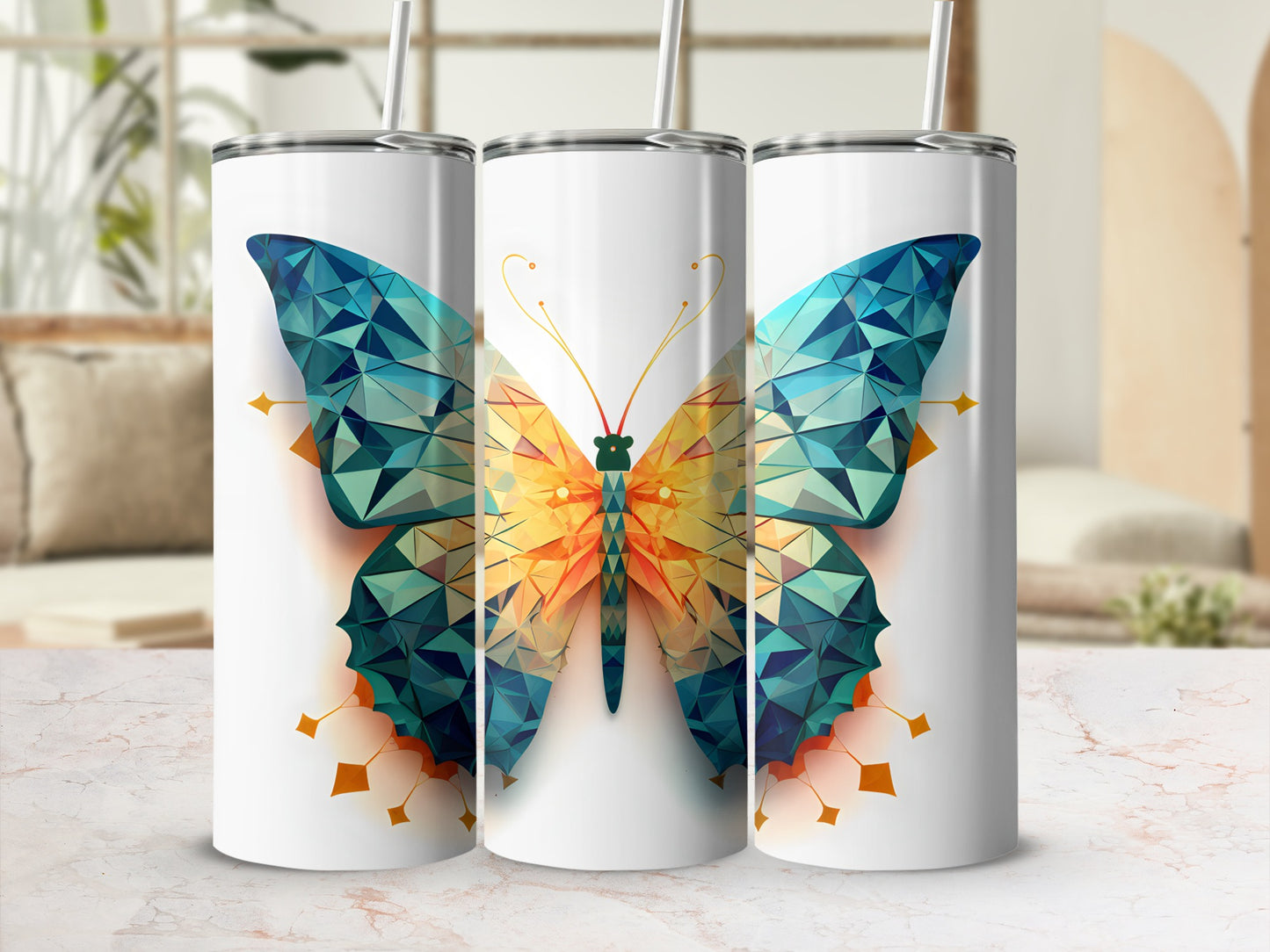 White tumblers featuring a geometric butterfly design with blue and orange hues.