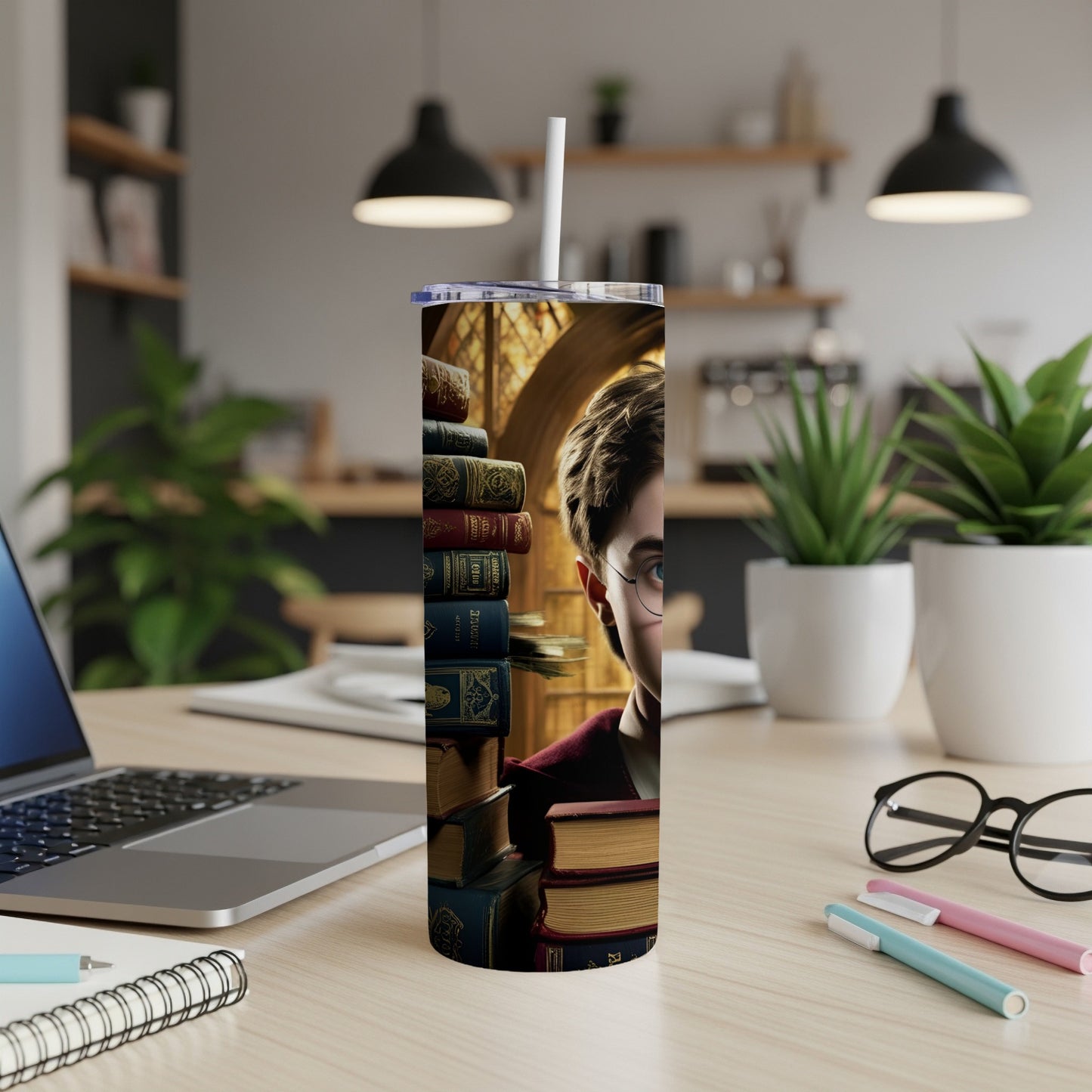 Harry Potter character peeking from behind stack of books, on a tumbler.