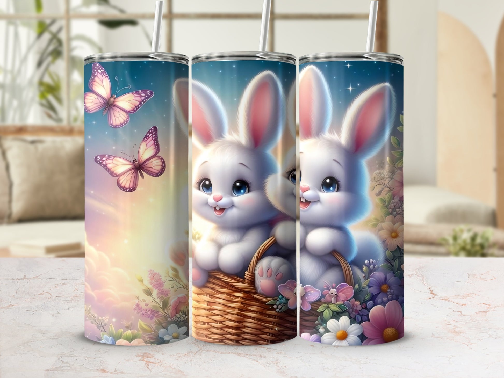 Adorable Bunny and Butterfly Design Travel Tumbler