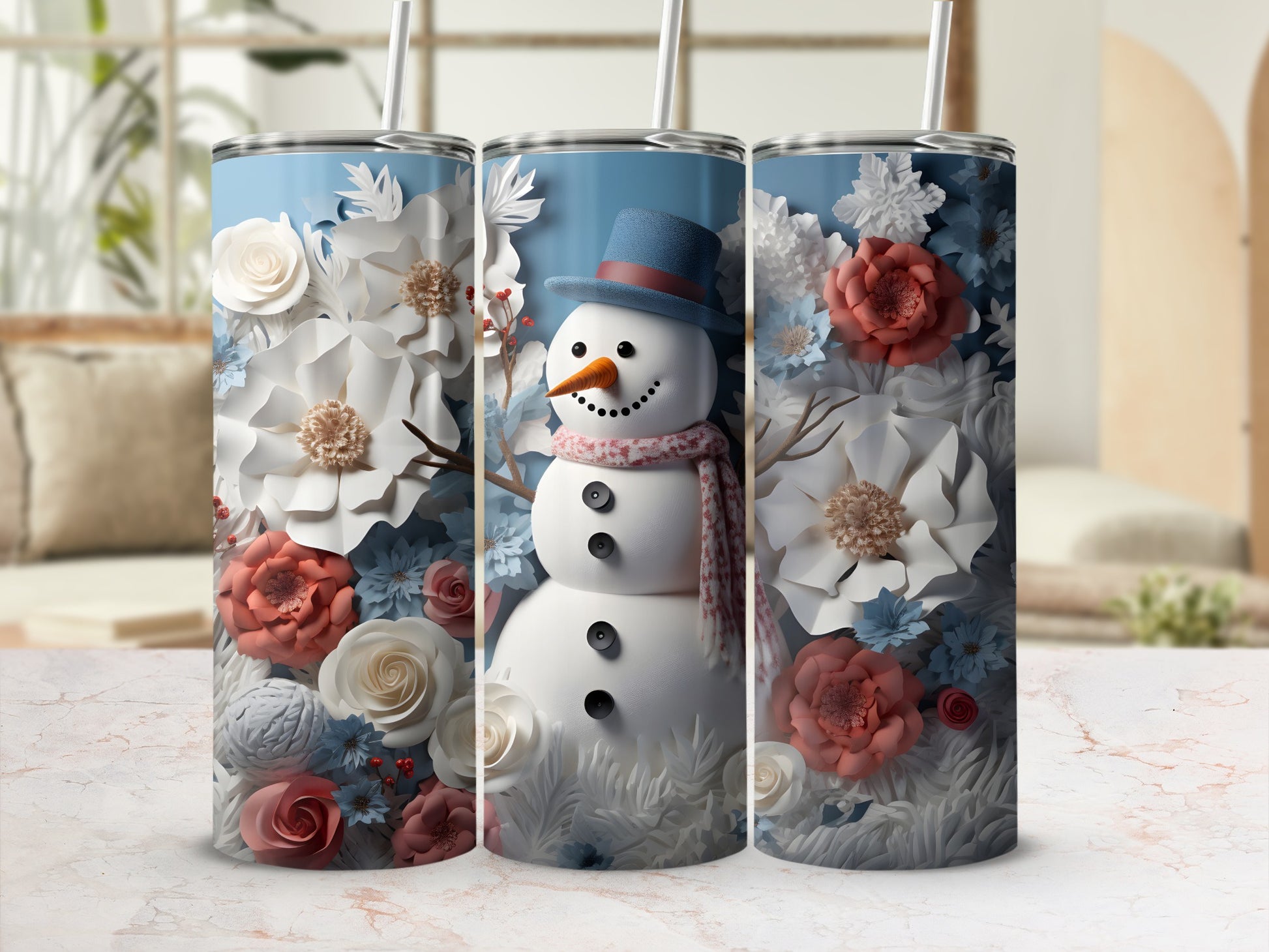 Festive Snowman and Floral Design Insulated Tumbler