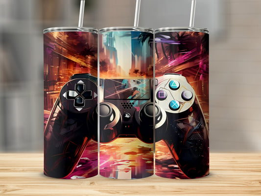 Gamer controller design with city lights on a tumbler.
