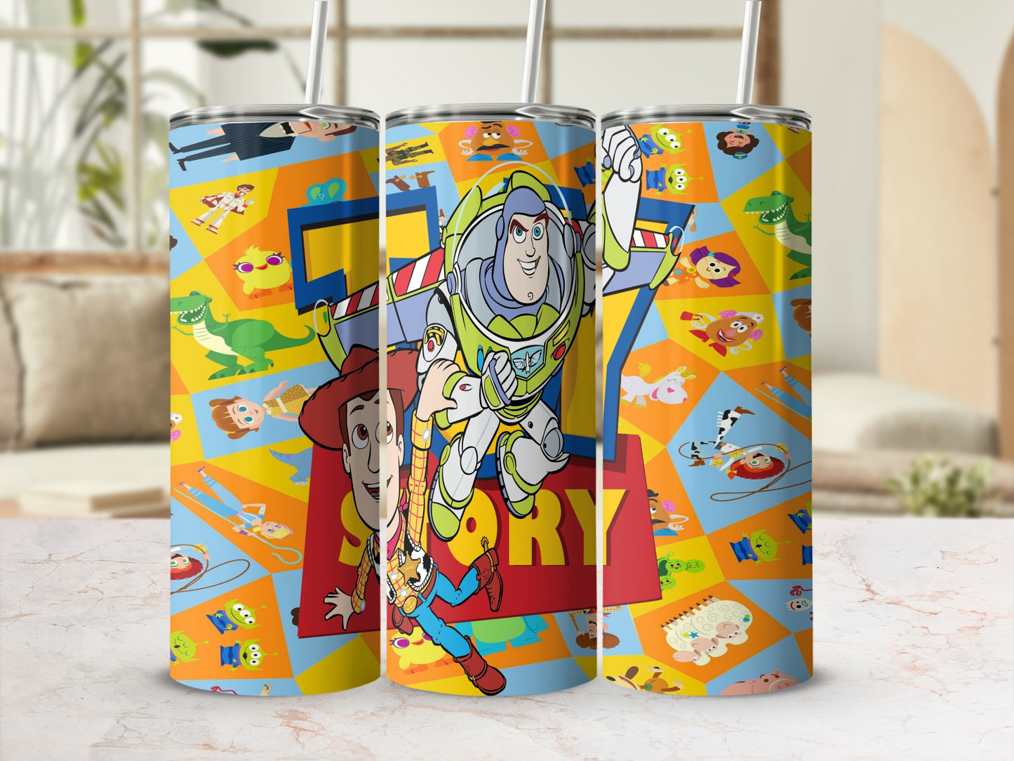 Toy Story characters on a colorful tumbler with geometric patterns.