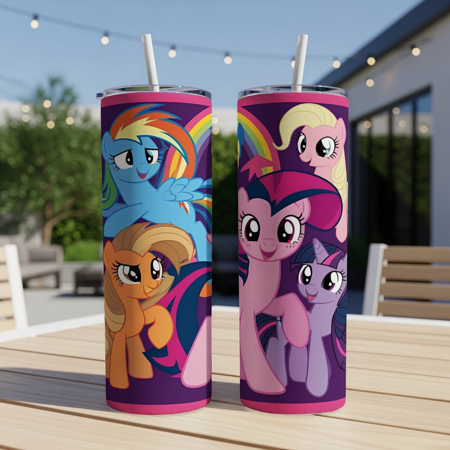 Two My Little Pony tumblers with Rainbow Dash, Applejack, Twilight Sparkle, and Pinkie Pie.