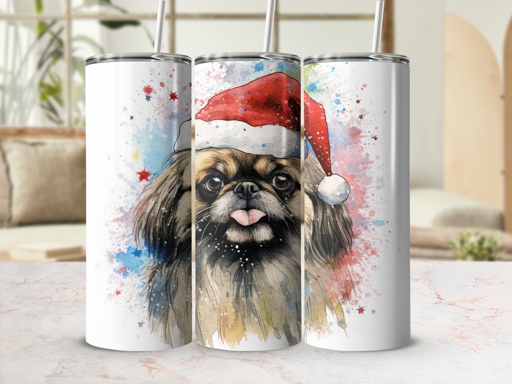 Pekingese dog in Santa hat with tongue out, on a tumbler.