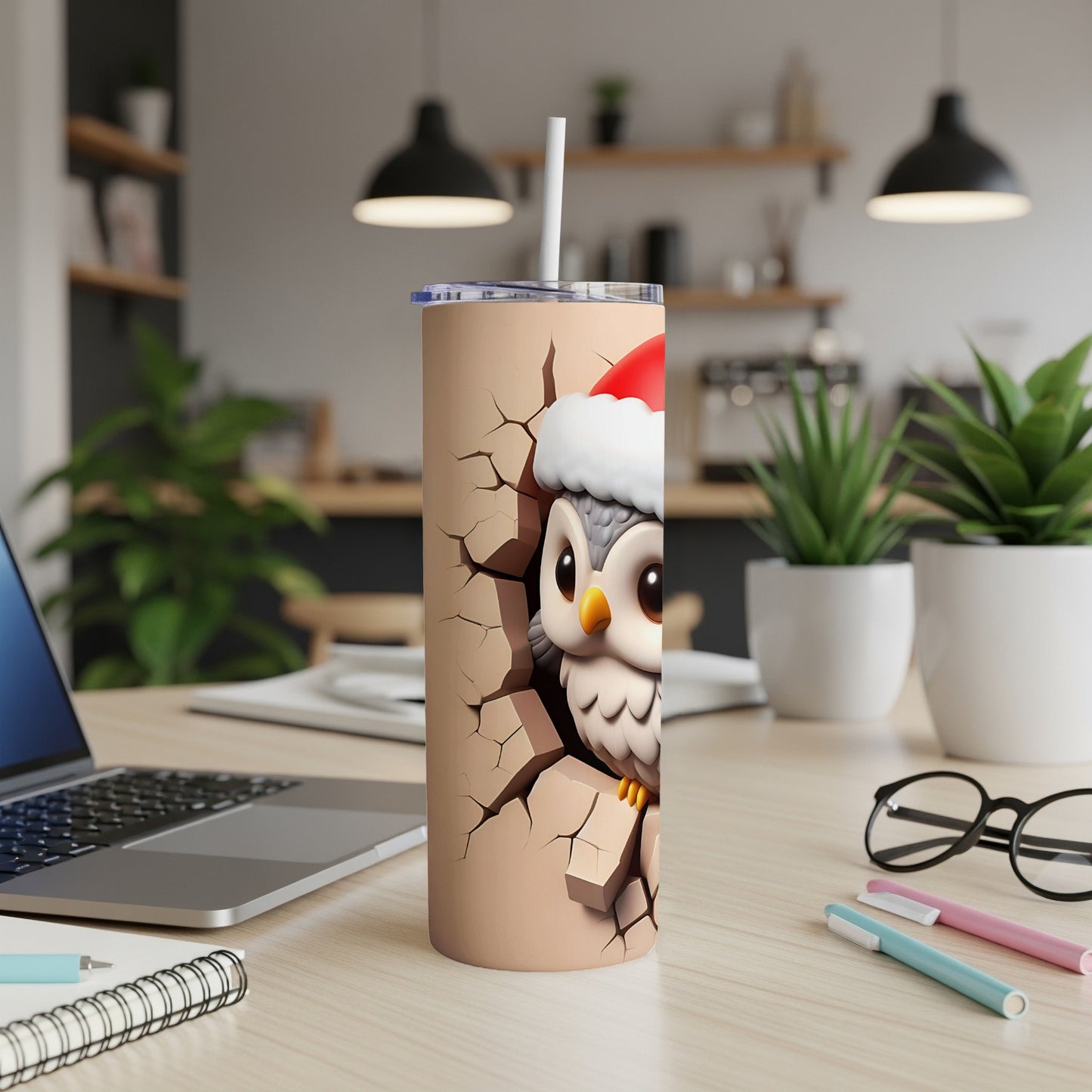 Cute cartoon owl wearing a Santa hat peeks through a cracked wall on a tumbler.