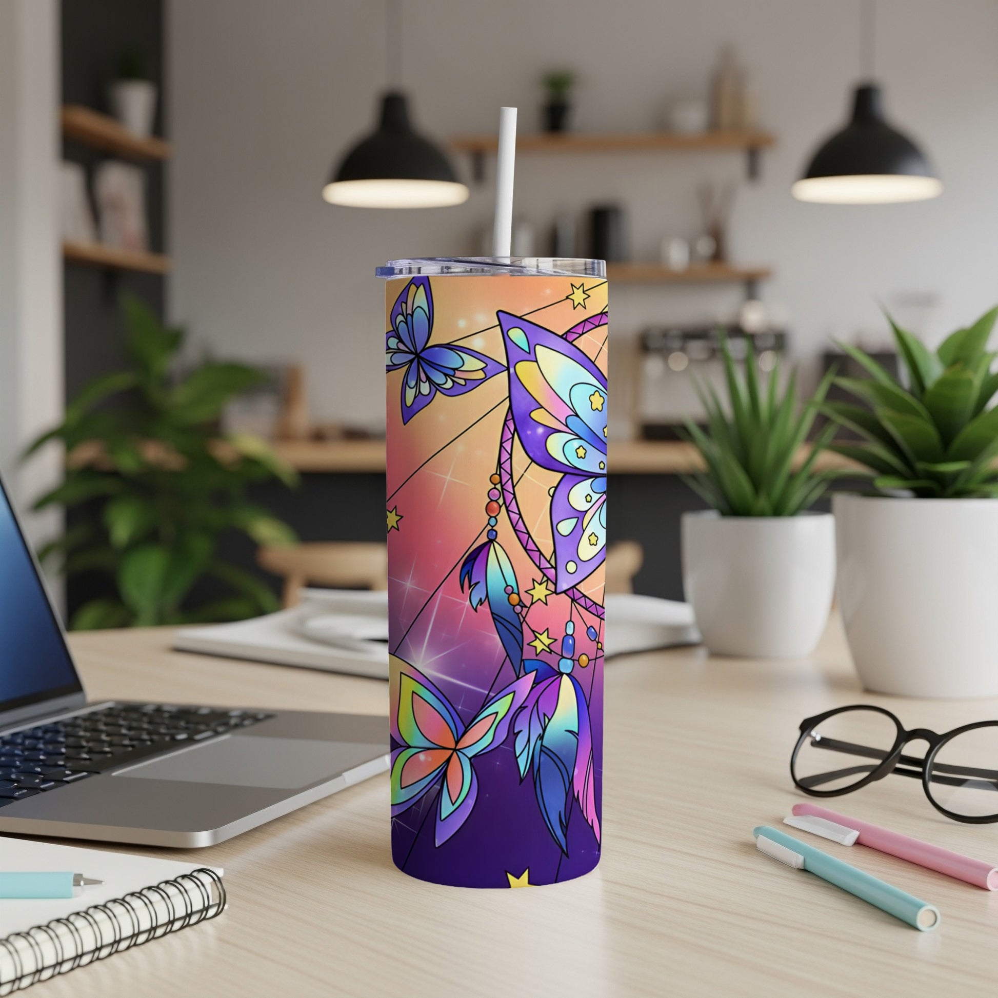 Butterfly and star tumbler with colorful stained glass design.