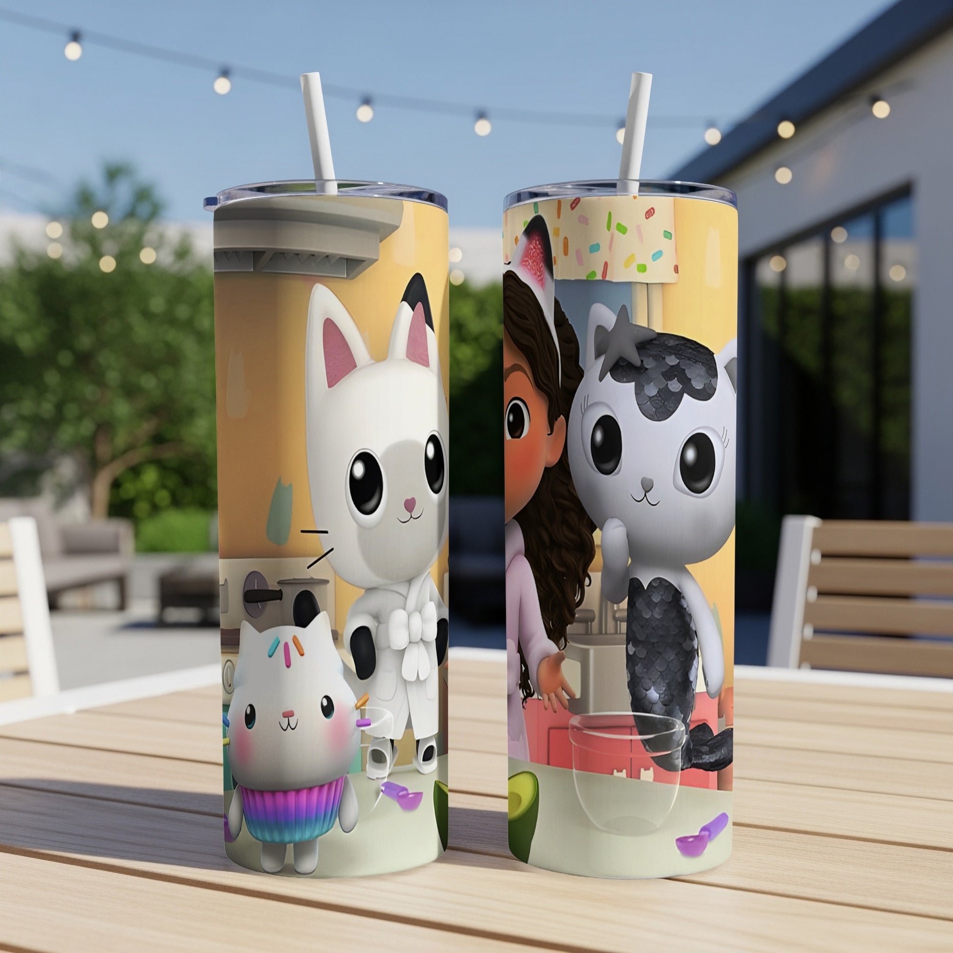 Gabby's Dollhouse characters Cakey Cat and Kitty Fairy on two tall tumblers.