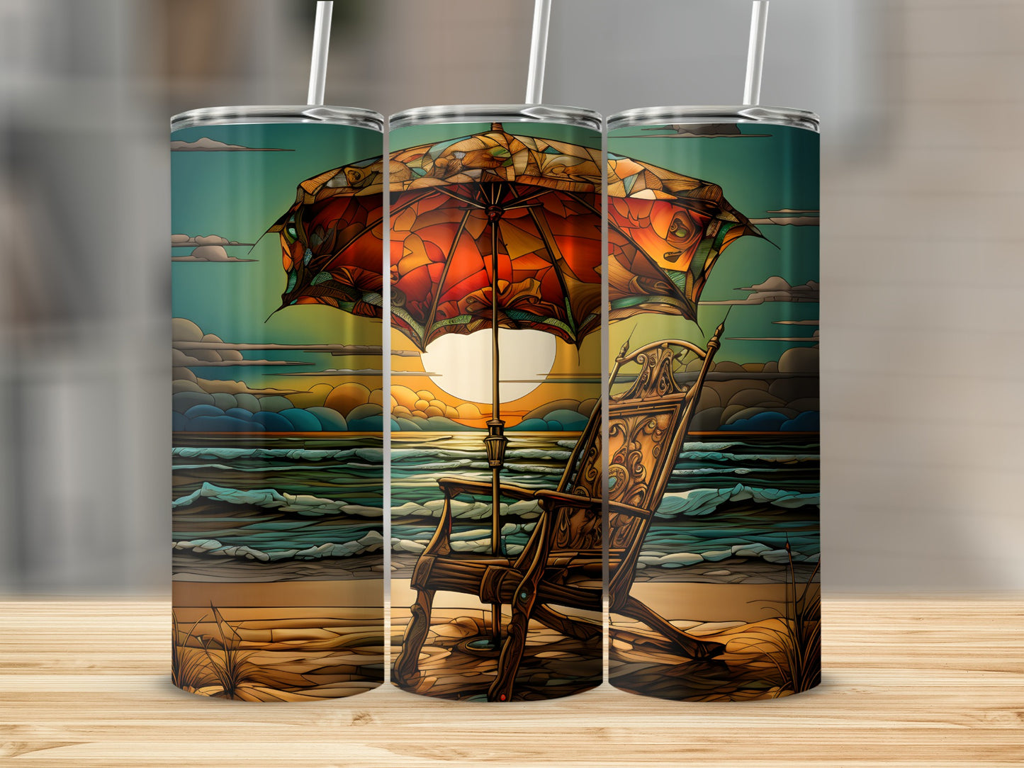 Beach chair and umbrella at sunset, waves and clouds.