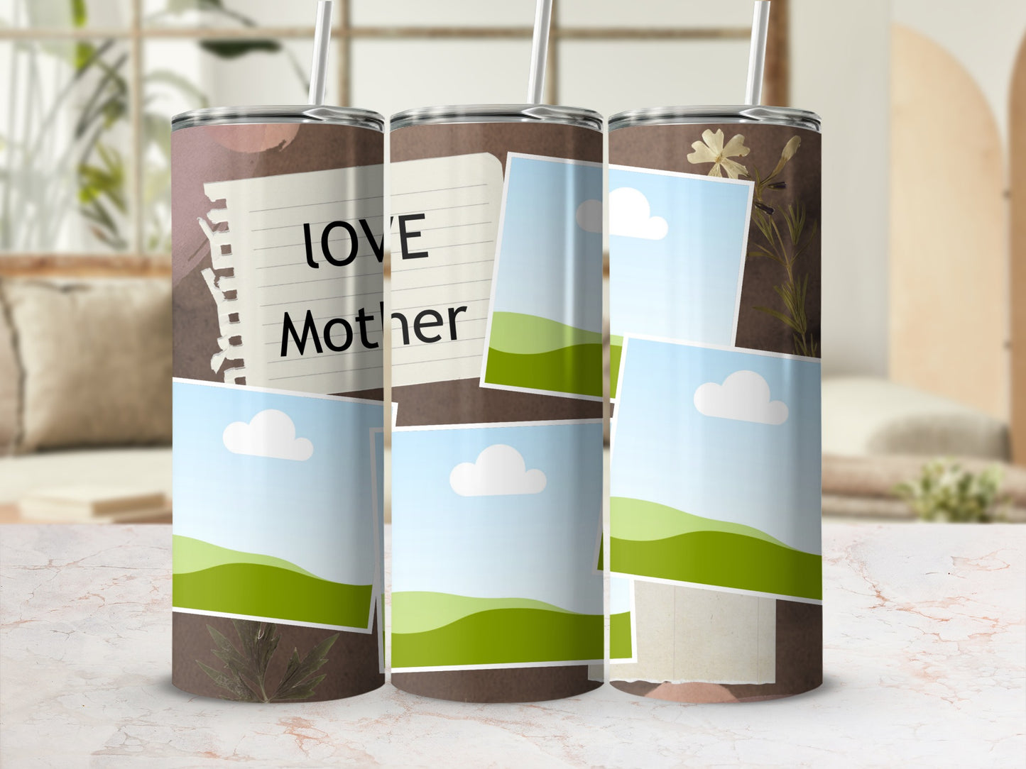 Tumblers with "LOVE Mother" text and collage of blank photo frames and dried flowers.