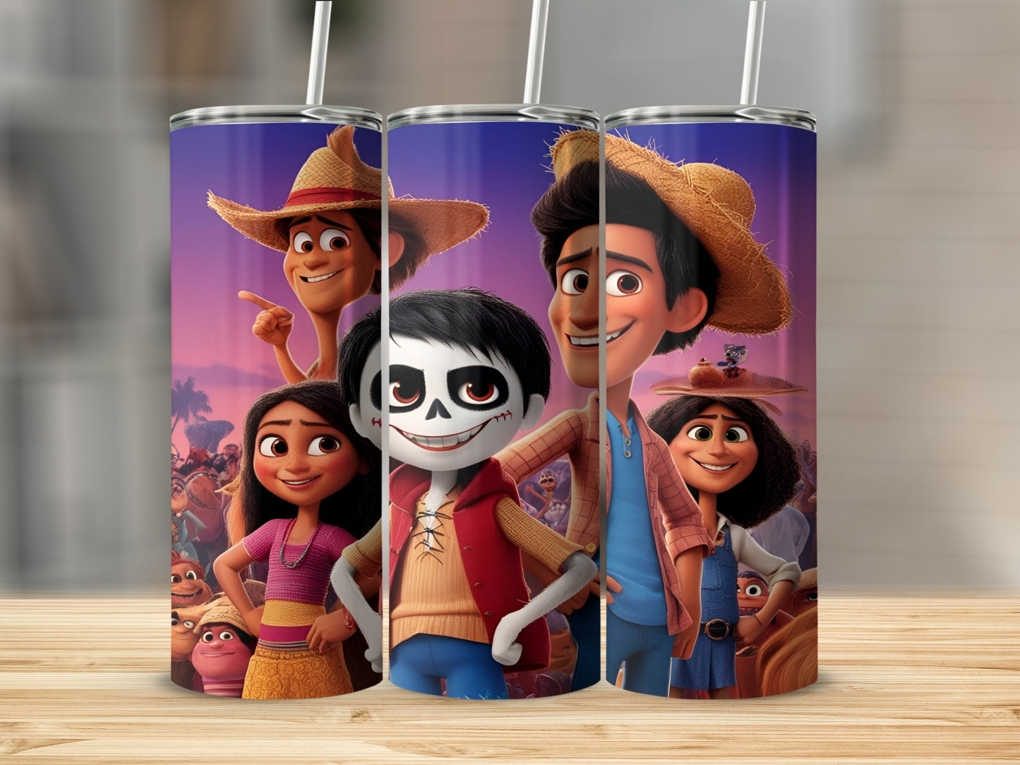 Animated characters including a skeleton boy, a boy in a straw hat, and a girl.
