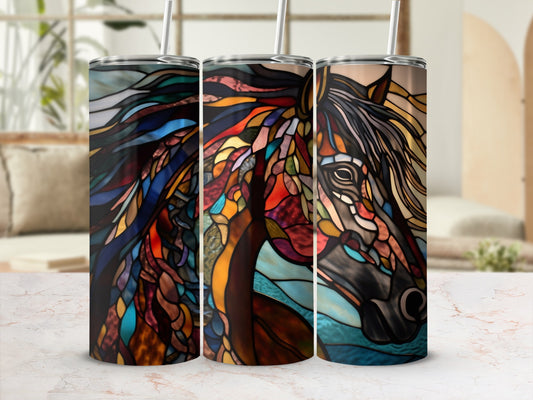 Stained glass horse head tumbler with colorful abstract patterns.