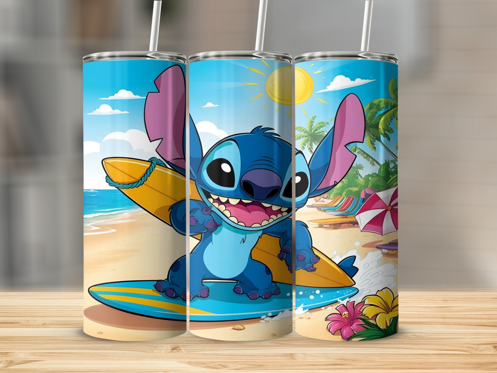 Stitch surfing on a yellow surfboard on a beach with palm trees and lounge chairs.