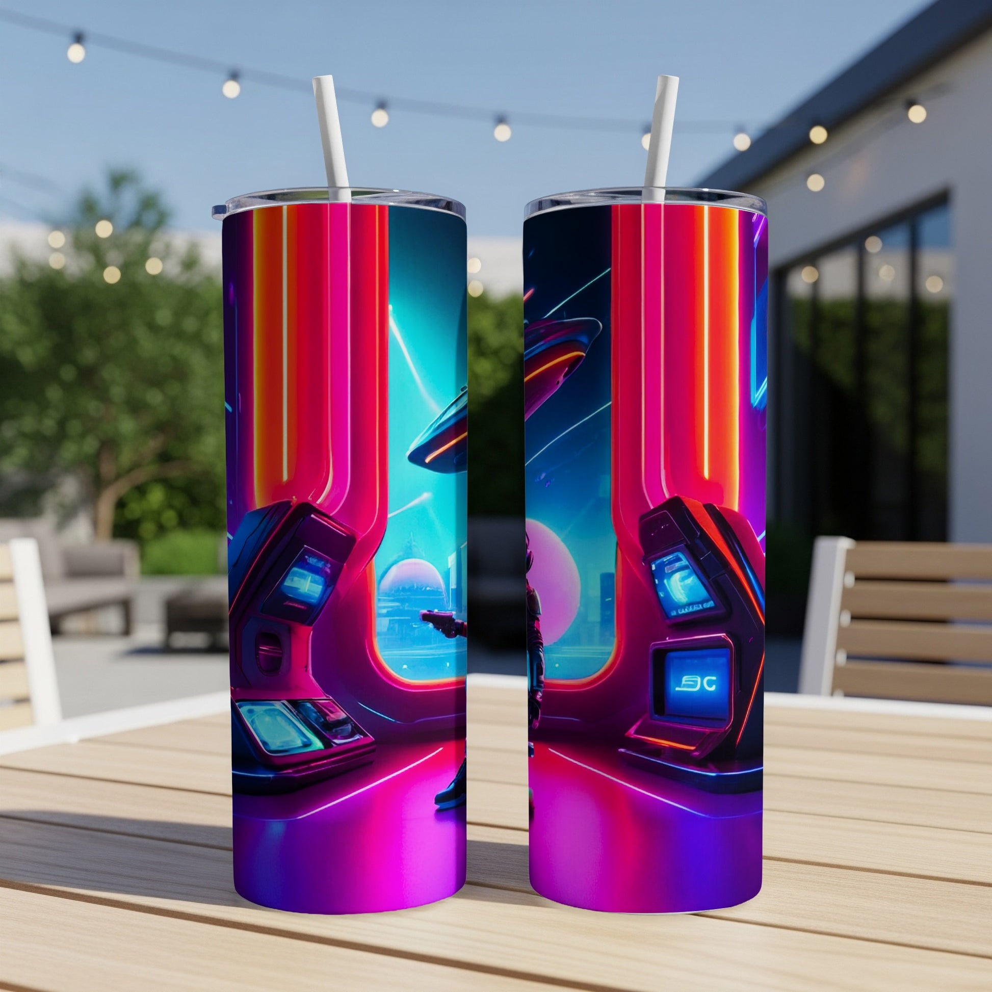 Two futuristic tumblers with neon lights and arcade game screens.