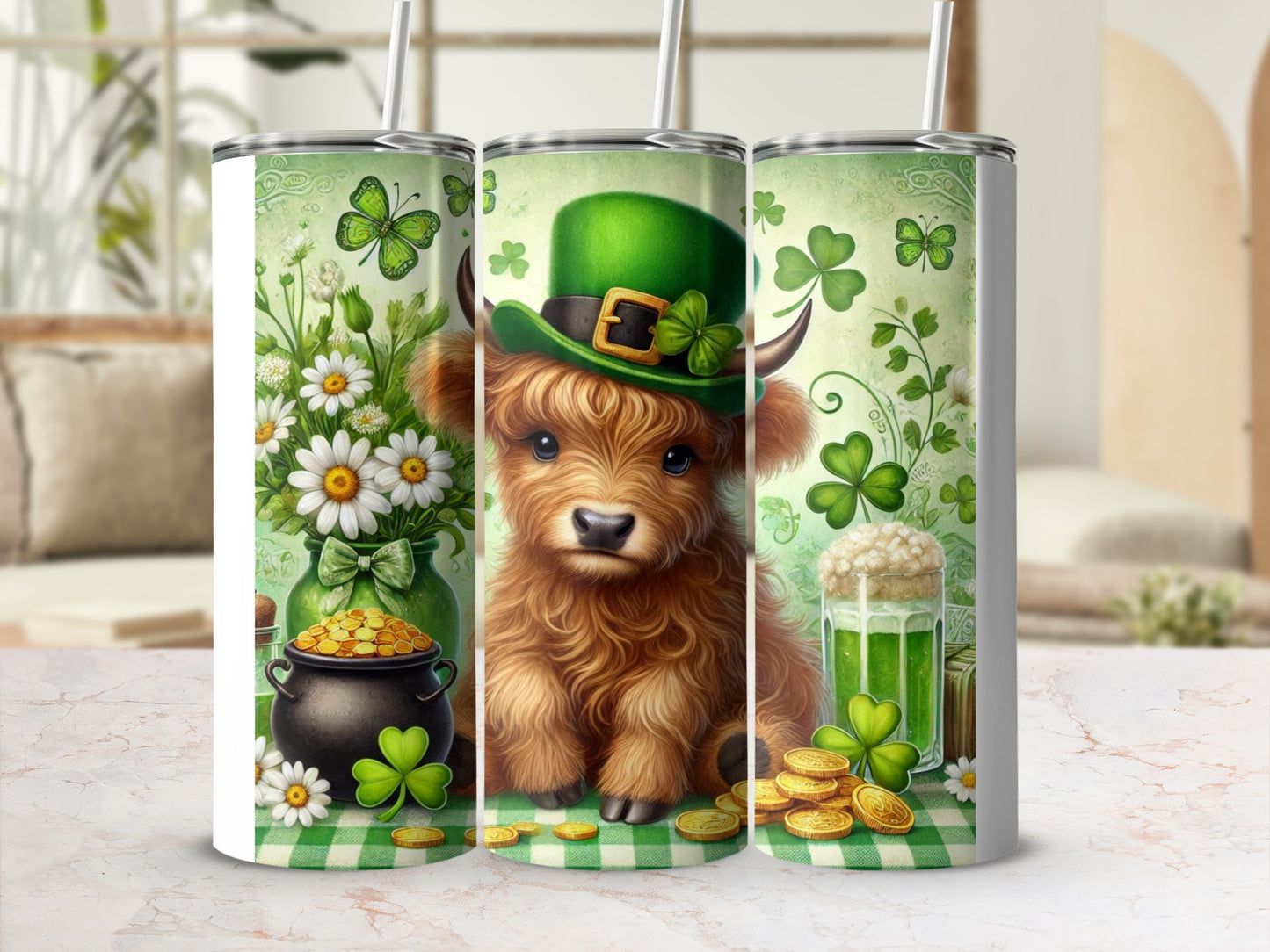 Cow wearing green hat with shamrocks and gold coins.