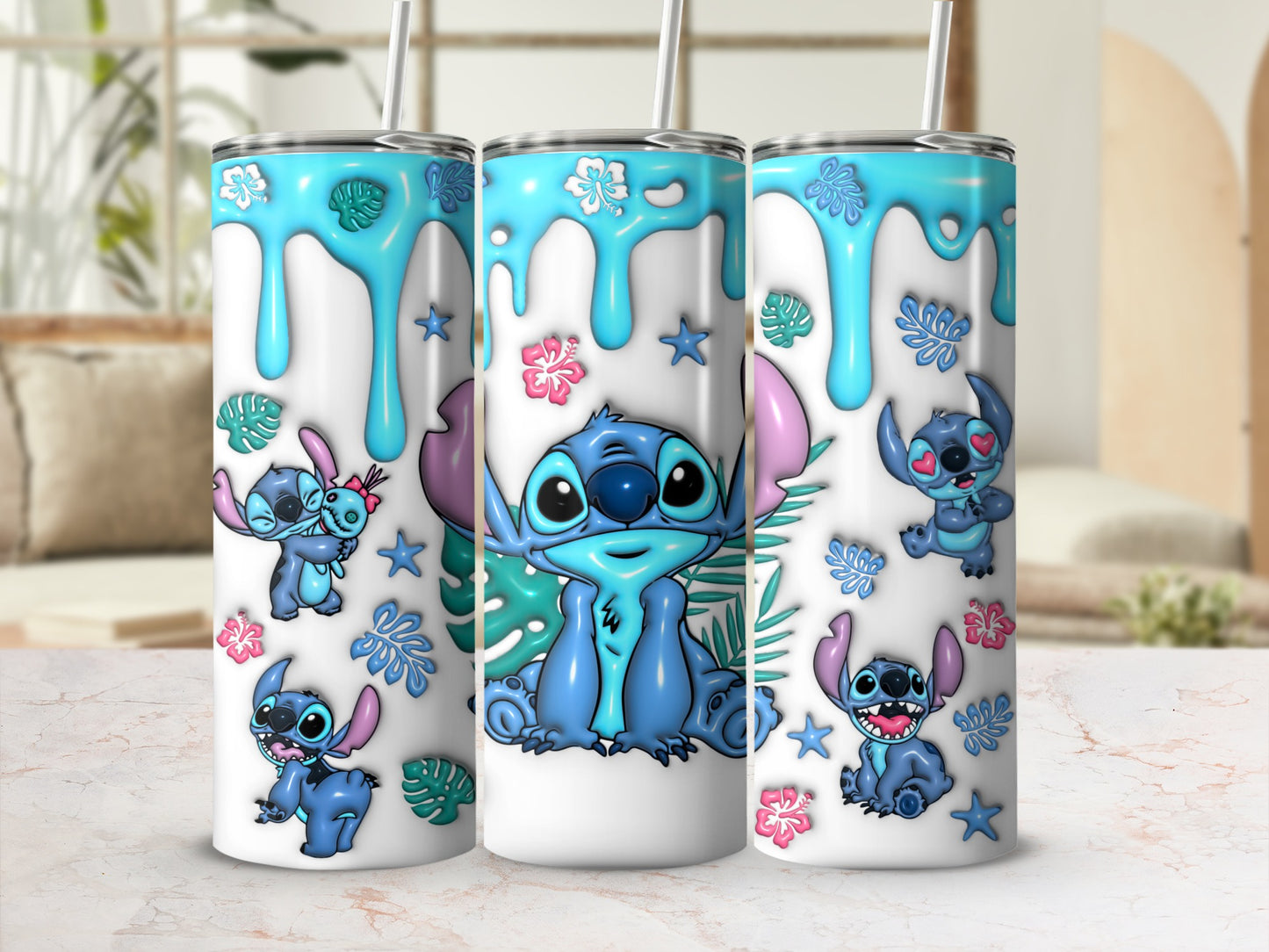 Three Stitch-themed tumblers with blue dripping accents and floral patterns.