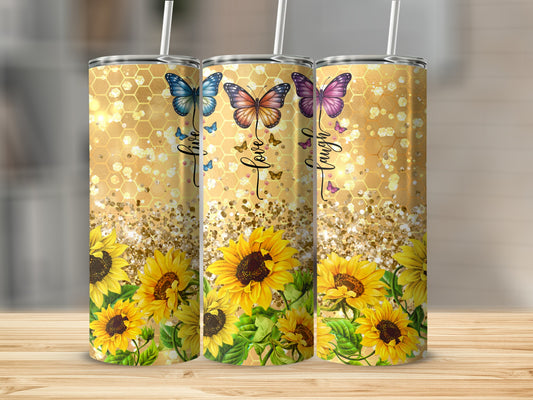 Three sunflowers and butterflies with "Live Laugh Love" text on a gold glitter background.