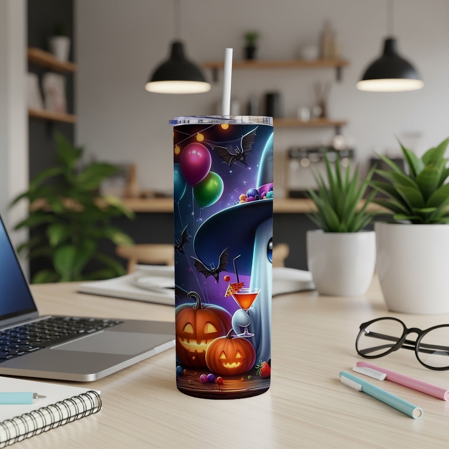 Halloween tumbler with ghost, pumpkins, bats, balloons, and cocktail.