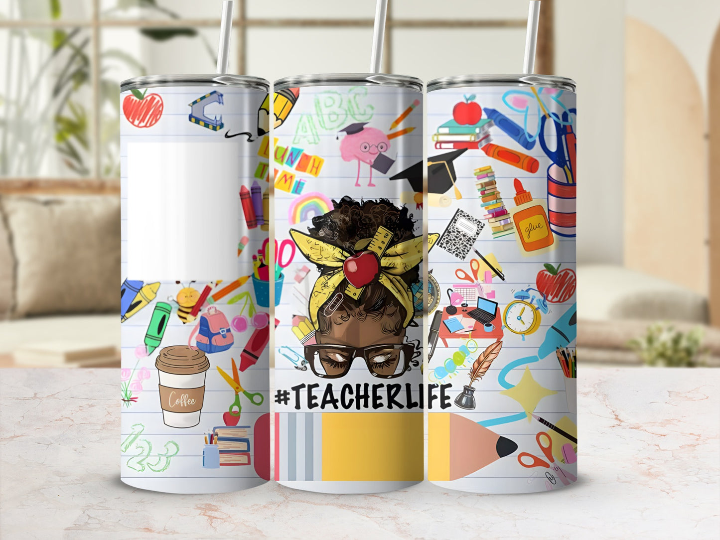 Teacher life tumbler with school supplies and pencil design.