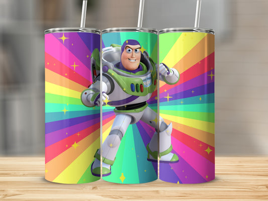 Colorful Buzz Lightyear Tumbler with Rainbow Background
