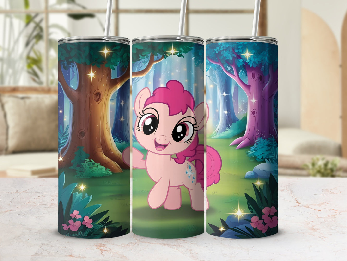 Pinkie Pie from My Little Pony on a tumbler with a magical forest background.