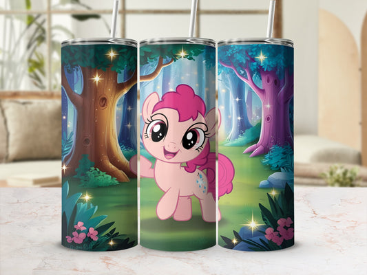 Pinkie Pie from My Little Pony on a tumbler with a magical forest background.