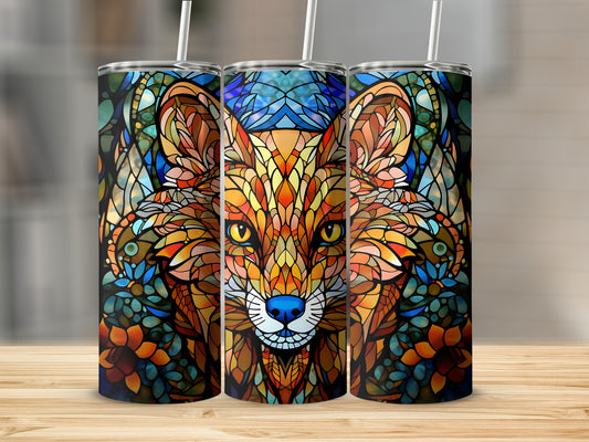 Stained glass fox tumbler with colorful floral accents.